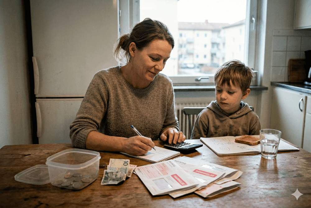 Ensamstående mamma sitter med sin son vid köksbordet och ser över sin ekonomi.